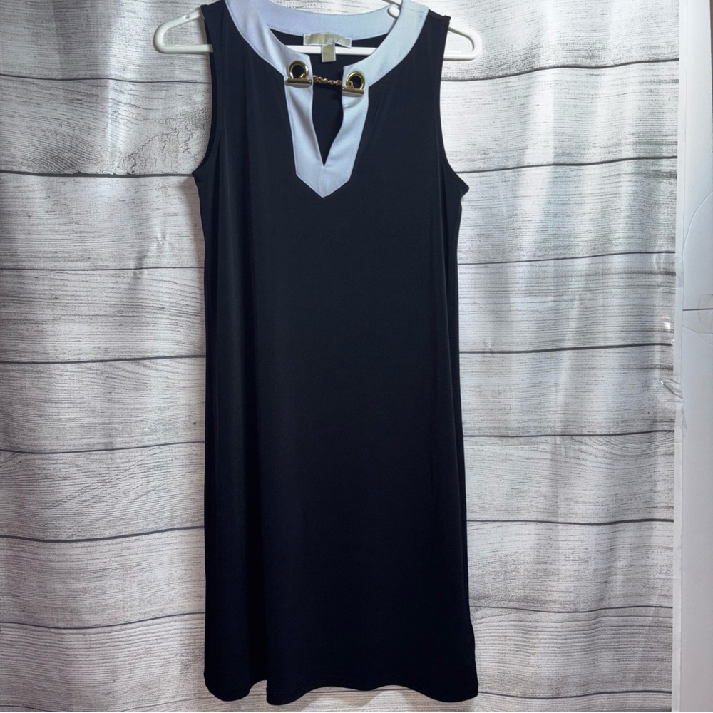MICHAEL KORS  XS black dress white &‎ Gold accent Deep V Neck career Dinner Date